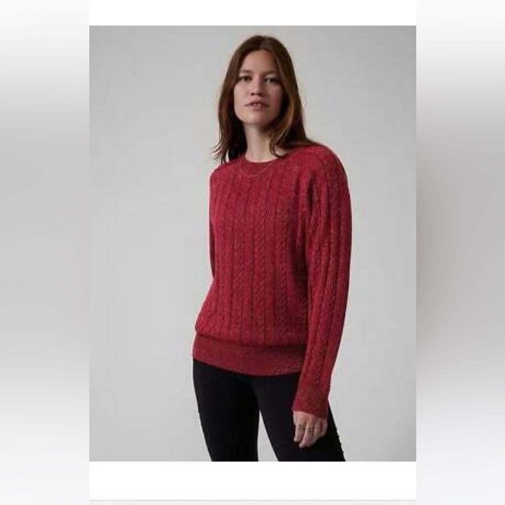 New Athleta Decadent Red Metallic Cable Crew Neck Sweater SZ Small Petite